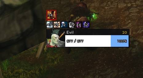 Absorb shields: the player frame with debuffs above and the blue striped absorb shield shown at full health