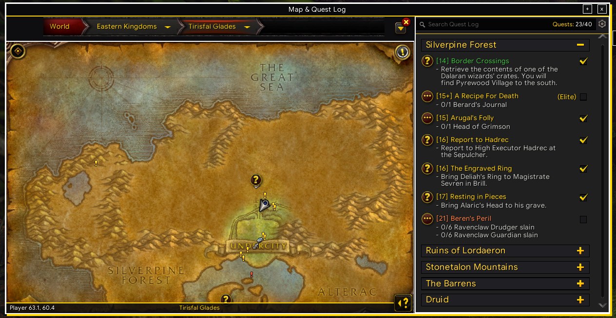 The HUD map with the quest log beside it