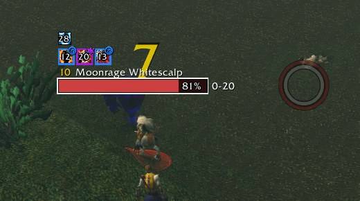 Your debuffs on enemy nameplates: your DoTs with the seconds left above the plate, a white outline on your target and the distance beside the bar