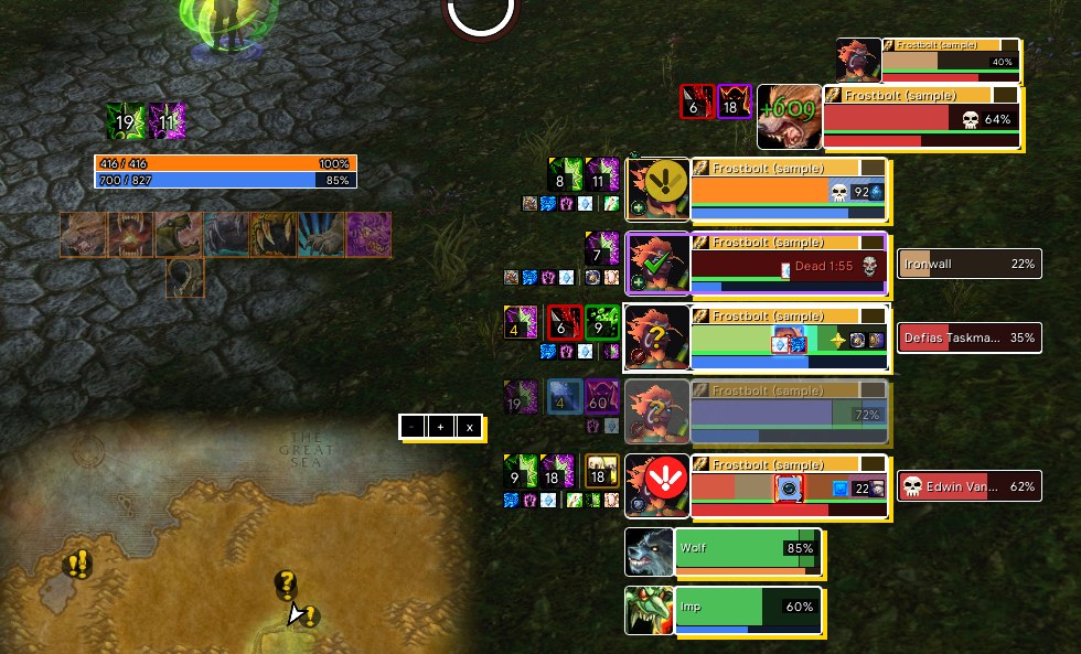 Party frames (test party): two aura rows, boss debuffs, heal-over-time marks, defensive icons, pets, and your own frame with your target and its target