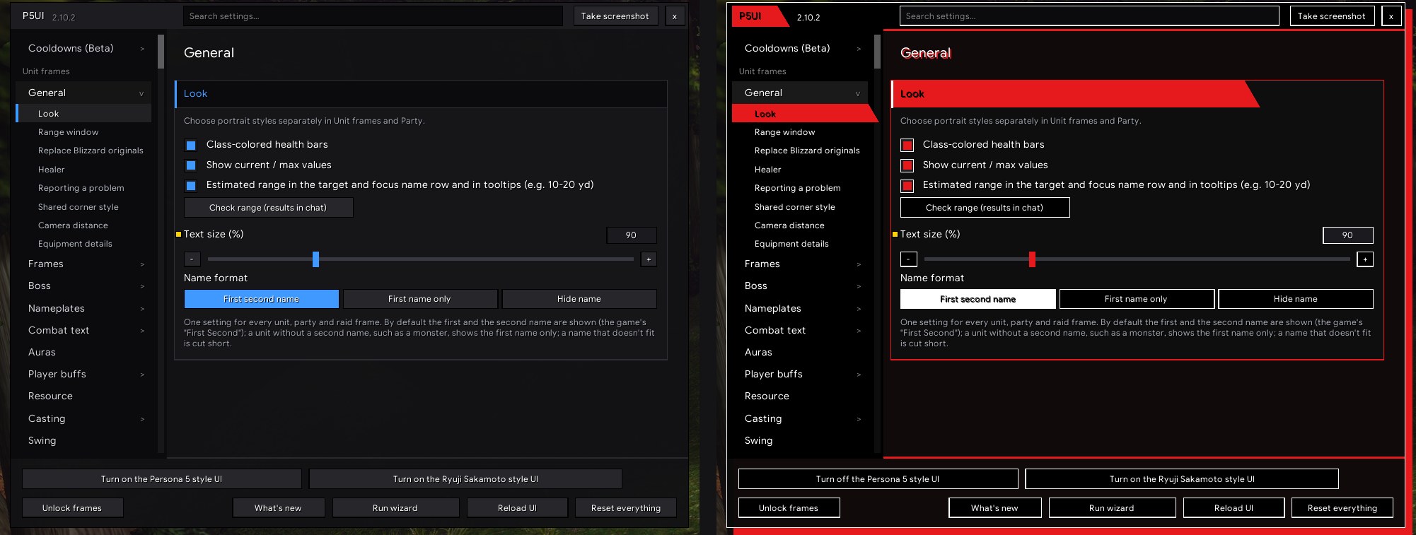 The settings window in the normal look (left) and the Persona 5 look (right)